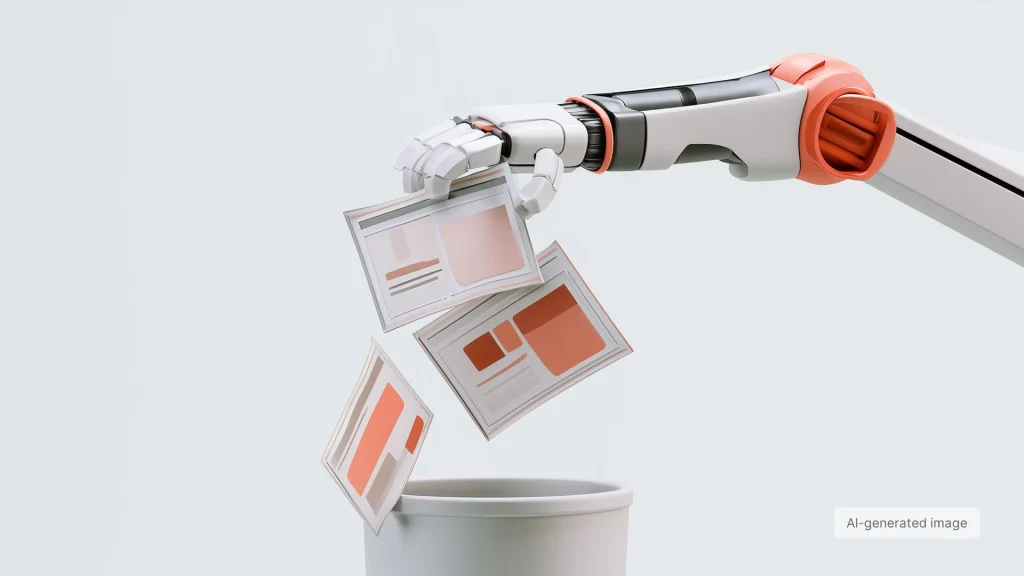 A robotic arm holding presentation slides above an office trash bin