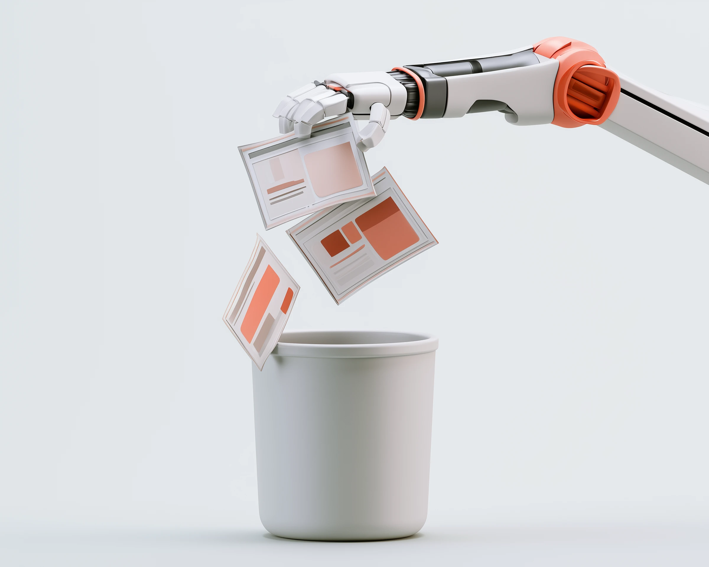A robotic arm holding presentation slides above an office trash bin